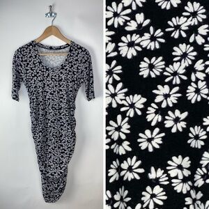 Motherhood Maternity White Flowers Rouched MIDI Dress‎